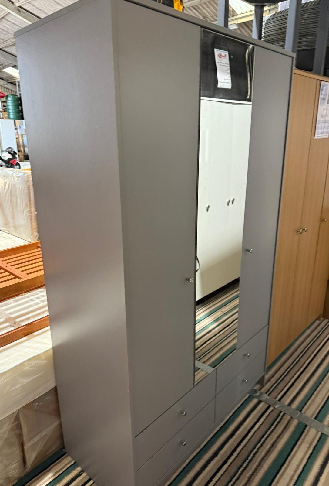 Assembled Malibu 3 Door 4 Drawer Mirror Wardrobe - Grey